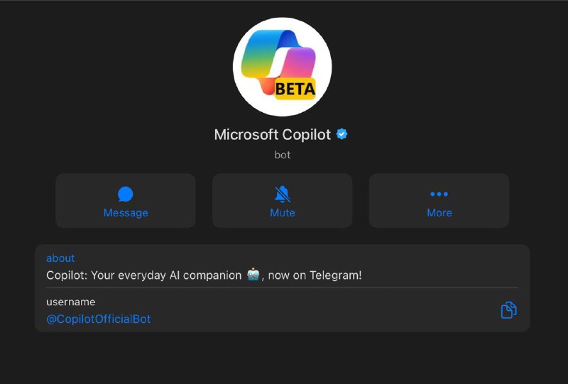 Telegram 已授予微软的 Copilot bot @CopilotOfficialBot 官方认证✅🗒 标签: #微软 #copilot #Telegram 📢 频道: @GodlyNews1🤖 投稿: @GodlyNewsBot