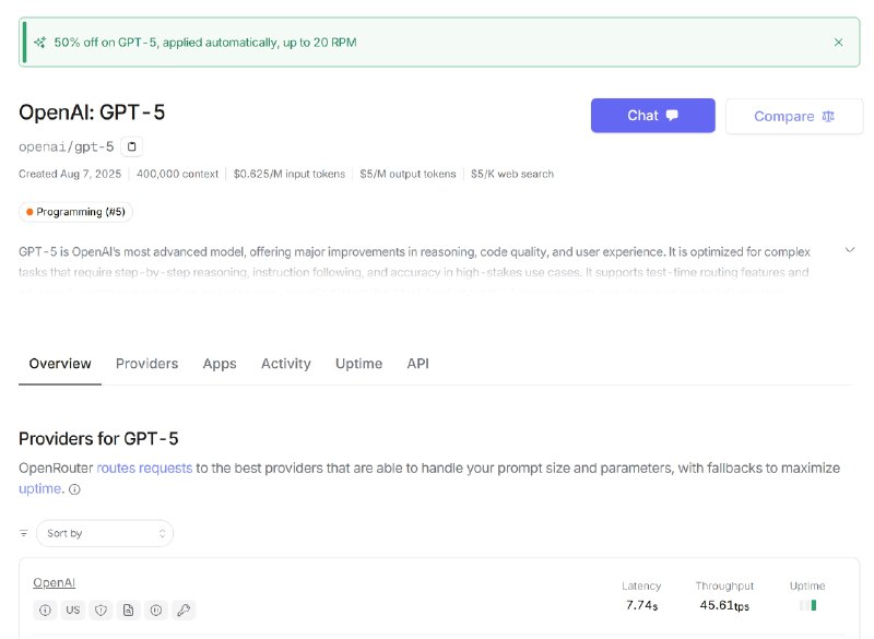羊毛分享：OpenRouter上的GPT-5已开始半价，将持续一周OpenRouter官方发邮件提醒OpenRouter上的GPT-5将优惠一周，每分钟最多20个请求享受50%折扣，超过此限额的请求将按正常价格计费