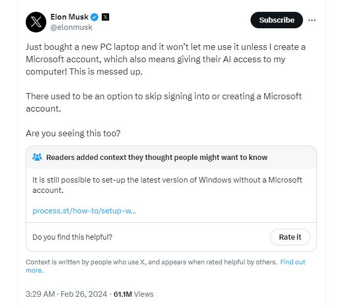 Elon Musk 吐槽 Windows 11 不提供本地帐号登录选项在设置新买的 Windows PC 时需要创建一个微软账号，这也使得微软能够使用账号训练 AI
