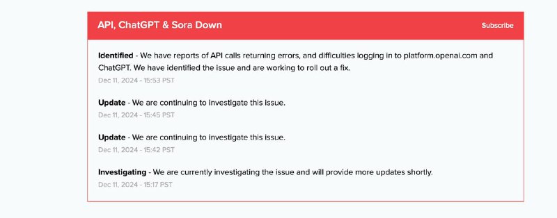 OpenAI 服务再次出现故障，API、ChatGPT以及Sora均受到影响