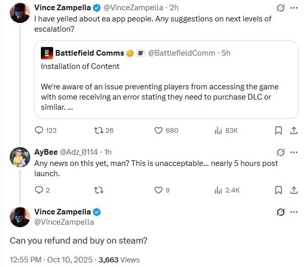 EA向无法登陆《战地6》的用户发放免费通行证，不包括Steam端由于 EA 客户端出现服务中断，导致预购玩家无法正常进入游戏