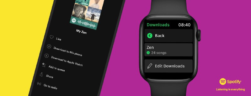 #Spotify #AppleWatchSpotify 从今天开始，支持在Apple Watch 上下载您最喜爱的播放列表、专辑和播客的应用程序