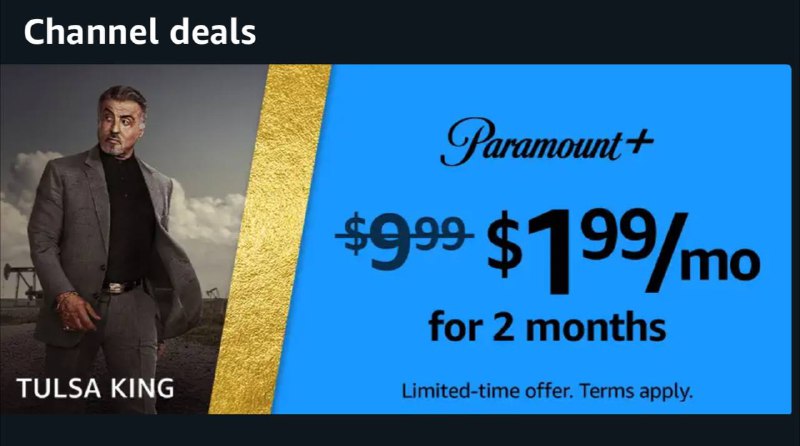 Amazon Premie Video Channel 黑五优惠前两个月$1.99/月，适用于符合条件的频道包括Paramount Plus、Showtime、Starz、AMC Plus、Epix等🗒 标签: #流媒体 #黑五📢 频道: @GodlyNews1🤖 投稿: @GodlyNewsBot