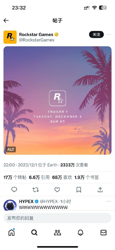 有生之年！R星官宣，GTA 6首支官方预告片将于北美东部时间12月5日上午9:00（北京时间12月5日晚10:00）公布！via 匿名🗒 标签: #GTA📢 频道: @GodlyNews1🤖 投稿: @GodlyNewsBot