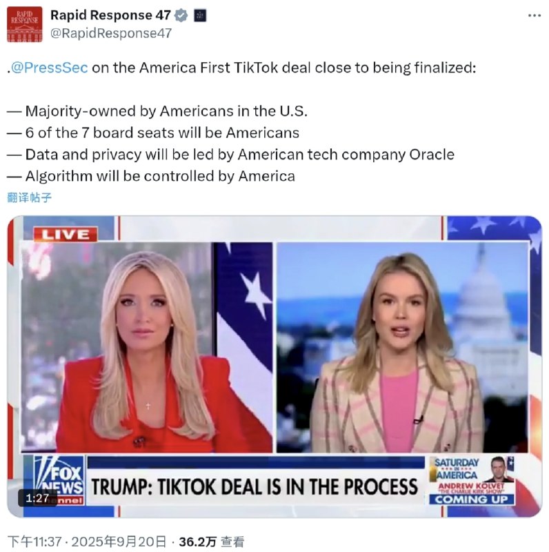 白宫新闻发言人透露关于美国优先的TikTok交易即将完成白宫快速反应官方账号Rapid Response 47在X上发帖表示，白宫新闻发言人卡罗琳·莱维特（Karoline Leavitt）透露关于美国优先的TikTok交易即将完成：— 多数股权由美国人在美国持有— 7个董事会席位中有6个将由美国人担任— 数据和隐私将由美国科技公司甲骨文领导— 算法将由美国控制via 匿名🗒 标签: #TikTok📢 频道: @GodlyNews1🤖 投稿: @GodlyNewsBot
