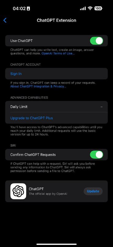 iOS 18.2 免费 ChatGPT 设每日用量限制　苹果鼓励用户升级 ChatGPT Plus苹果最新发布的 iOS 18.2 Developer Beta 2 中，为 Siri 引入了更深层次的 ChatGPT 整合，并新增了在「设置」内升级至 ChatGPT Plus 帐户的选项，为用户带来更丰富的 AI 体验