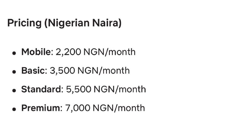 尼日利亚Netflix 涨价4K 档由5000 NGN涨至7000 NGN🗒 标签: #Netflix #尼日利亚📢 频道: @GodlyNews1🤖 投稿: @GodlyNewsBot