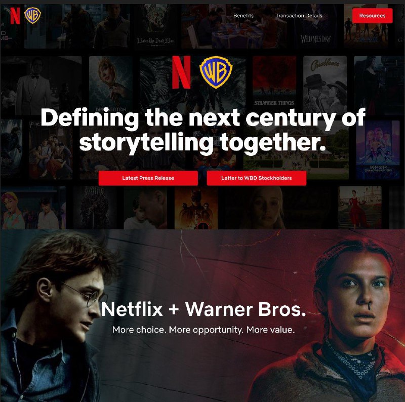 Netflix 发布其收购华纳兄弟的新海报和宣传口号“携手定义下一个世纪的叙事……更多选择，更多机遇，更多价值”🗒 标签: #Netflix📢 频道: @GodlyNews1🤖 投稿: @GodlyNewsBot