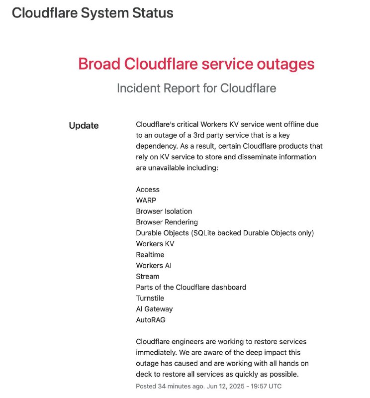 Cloudflare 大规模宕机，引发连锁反应更新：所有 Cloudflare 服务均已恢复，现已全面运行
