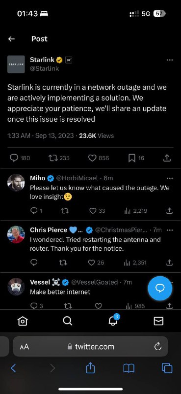 今早Starlink 星链网络出现故障慢讯，早上漏审的稿件via Jerry book🗒 标签: #Starlink📢 频道: @GodlyNews1🤖 投稿: @Godlynewsbot