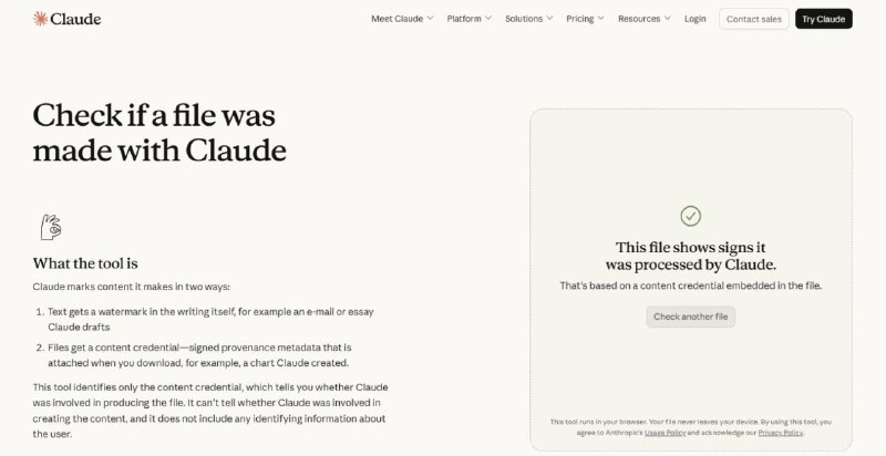 Anthropic的内容检查工具现已推出就在Anthropic应欧盟要求宣布将为使用Claude生成的文本推出数字水印几周后，该公司推出了一个网页，用户可以通过它检查文件，确认 Claude 是否参与了文件的制作
