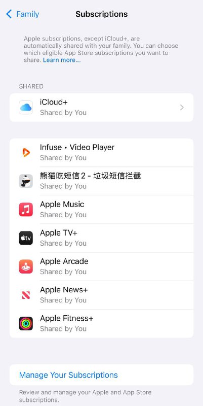 熊猫吃短信的订阅现在支持家庭共享了默认关闭，需要手动启用分享🗒 标签: #Apple📢 频道: @GodlyNews1🤖 投稿: @GodlyNewsBot