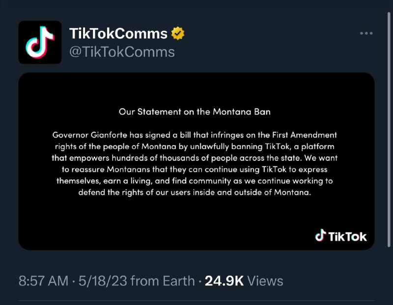 TikTok 回应禁令，将捍卫蒙大拿州人民的权利TikTok 在 Twitter 回应道：“Gianforte州长签署了一项法案，该法案非法禁止TikTok，侵犯了蒙大拿州人民的第一修正案权利，TikTok是一个赋予该州数十万人权力的平台