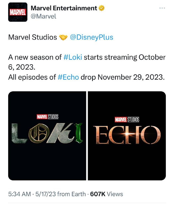 《Loki 》第 2 季以及鹰眼衍生作品《Echo》分别将于今年的10 月和 11 月登陆 Disney Plus🗒 标签: #Loki #Echo #Disney📢 频道: @GodlyNews1🤖 投稿: @GodlyNewsBot