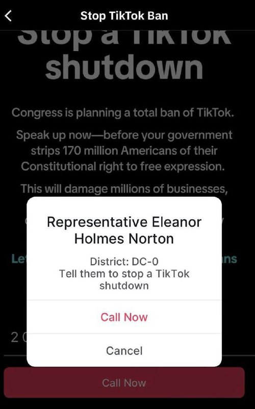 TikTok 全屏弹窗向美国国会贴脸开大，用户打爆国会电话面对美国国会要求字节在165天内剥离TikTok的法案，TikTok并没有坐以待毙，而是发起反击