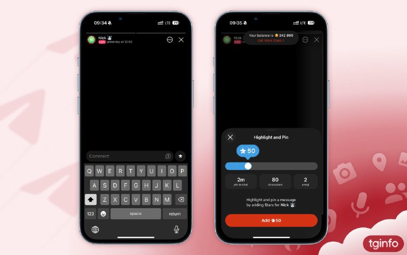 Telegram正测试「故事直播」和「付费置顶消息」功能在 iOS 版 Telegram 12.2 Beta 版中，故事功能中新增了直播功能，用户可以用星币来置顶自己的消息