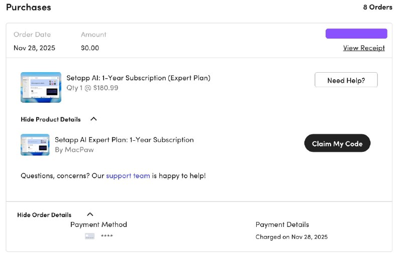 Setapp AI+订阅折扣本次促销由stacksocial 推出，此前曾推出过AdGuard 促销- 1 macOS，10 AI credits/月，售价$68.99，官网订购价为$107.88/年- 1 macOS，125 AI credits/月，售价$112.99，官网订购价为$161.88/年- 4 macOS+4 iOS，250 AI credits/月，售价$180.99/年，官网订购价为$260/年请注意：该促销仅限新Setapp帐户兑换下单支付后，可以在 已购商品 中查看兑换码以及激活流程