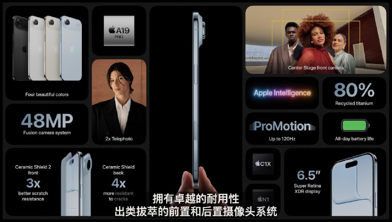 全新iPhone Air机型,机身厚度5.6毫米6.5英寸屏幕,promotion 120hz高刷,二代超瓷晶面板4倍抗裂背板,A19 Pro 芯片GPU内置神经网络加速器,可比肩MacBook Pro全新N1 无线芯片,C1X自研调制解调器Center Stage摄像头, 支持视频同步双拍(前后摄像头)全球统一使用eSIM续航可达一整天,全新MagSafe 充电宝🗒 标签: #Apple #iPhone📢 频道: @GodlyNews1🤖 投稿: @GodlyNewsBot