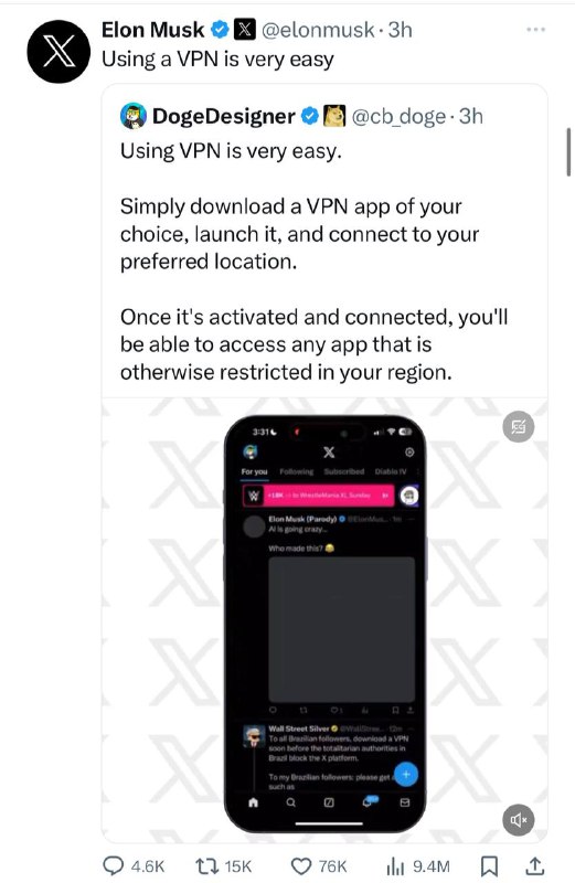 X 或将退出巴西市场，并教导用户使用VPN继续访问东部时间2024年4月6日下午5:52，X公司（前身为Twitter）宣布，巴西一家法院强迫其“封锁巴西的某些热门帐户”