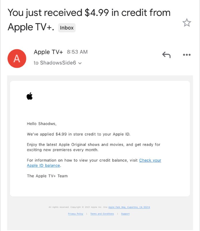 我猜是因为Apple TV延长了免费试用的时间？所以之前已经领取的会自动入账$4.99