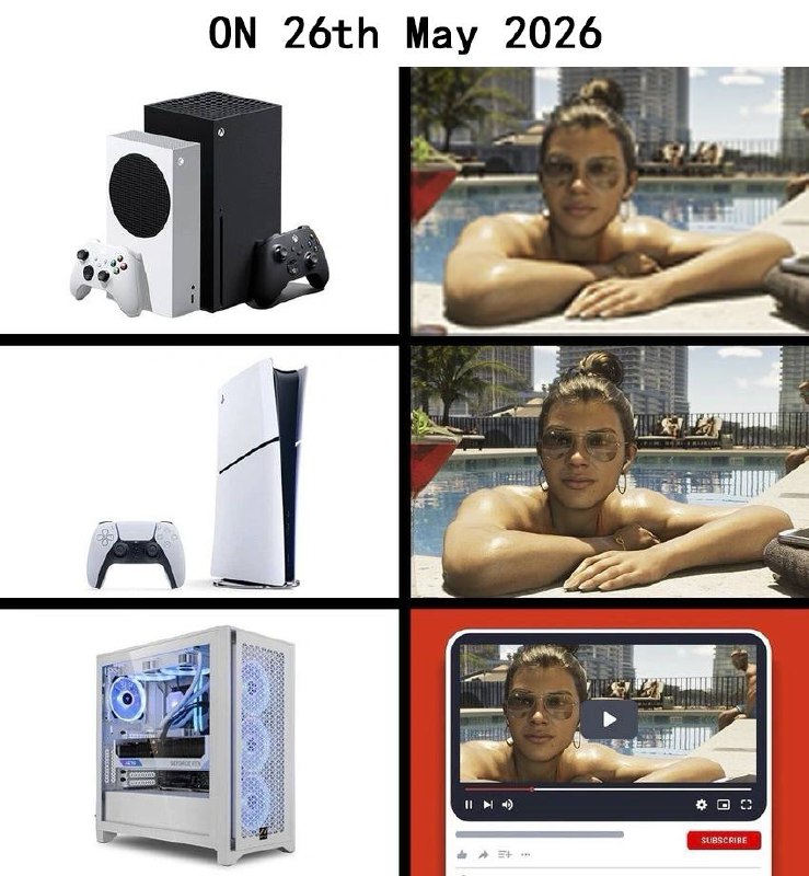 你认为哪个图片更符合GTA VI 首发时各平台玩家的处境 🙂🗒 标签: #GTA 📢 频道: @GodlyNews1🤖 投稿: @GodlyNewsBot