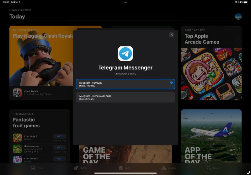 Telegram Premium 可以年付了，怕涨价的可以直接先买一年via Danielbility🗒 标签: #Telegram #Apple #土耳其 📢 频道: @GodlyNews1🤖 投稿: @GodlyNewsBot