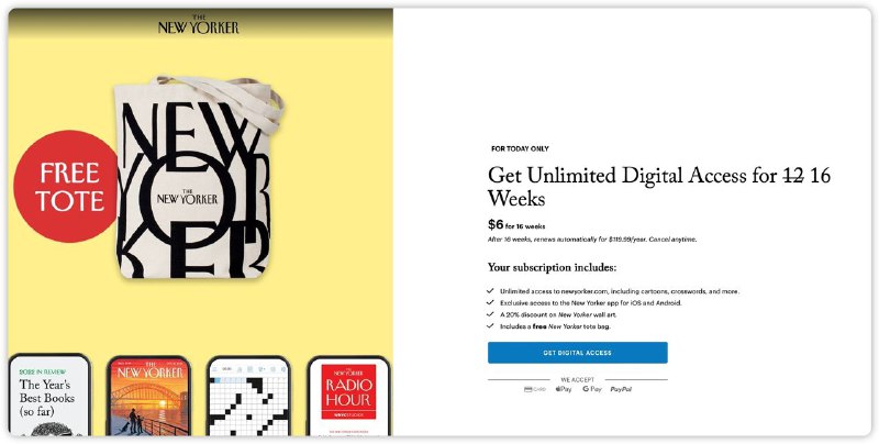 The New Yorker Cyber Week： 4个月仅需$6，额外送一个纽约客手提袋隐藏优惠链接：