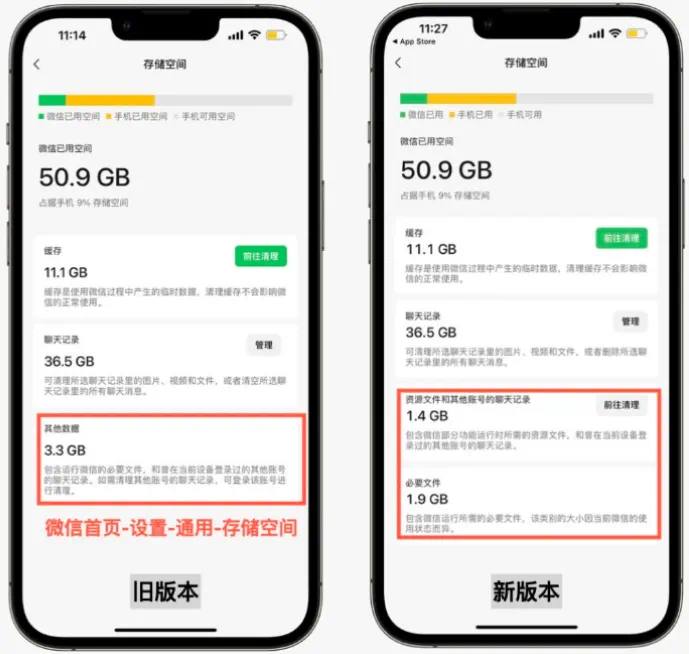 终于听取用户建议？微信优化存储空间界面冲上热搜微信更新了这次版本号为8.0.46，原本的存储空间界面只有三个板块：缓存、聊天记录、其他数据，其中缓存和聊天记录可以清理，其他数据无法进行清理新版微信将以往“其它数据”的空间拆分为“资源文件和其他账号的聊天记录”以及“必要文件”两大类“资源文件和其他账号的聊天记录”包含微信部分功能运行时所需的资源文件和曾在当前设备登录过的其他账号的聊天记录可以清理“必要文件”包含微信运行所需的必要文件该类别的大小，因当前微信的使用状态而异无法清理倘若点击前者的“前往清理”会弹出说明：部分功能的资源文件将被清理，其他账号的聊天记录清理后无法恢复相较于以前需要切换账号才能清理其他账号的聊天记录，现在无需切换也能直接清理并且清理也变得更细致彻底，可以让手机释放出更多的存储空间值得注意的是，其他账号聊天记录清理后将无法恢复，所以记得先备份重要的聊天记录🗒 标签: #微信 📢 频道: @GodlyNews1🤖 投稿: @GodlyNewsBot