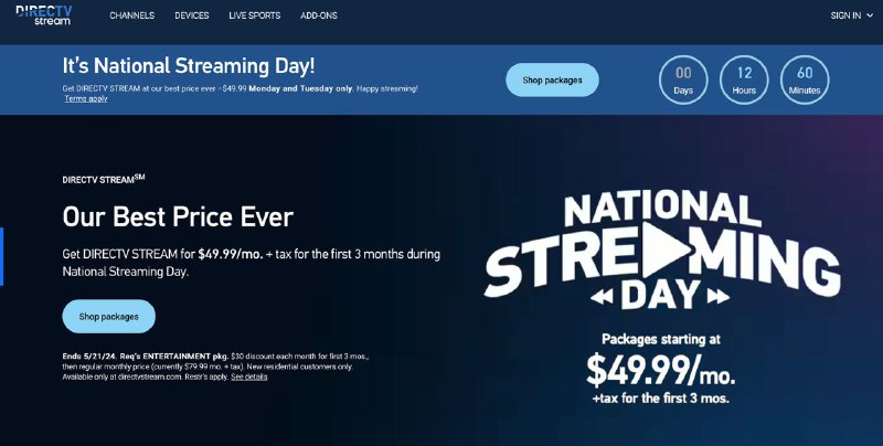 剩余12小时，DirecTV Stream 正在向新订阅者提供多个流媒体套餐折扣为了庆祝全国流媒体日，DirecTV正在提供优惠，优惠至5月21日截止，价格从每月 49.99 美元（首三个月优惠 30 美元）起，该价格适用于“娱乐”计划，该计划包括 ESPN、CNN、Paramount Plus 以及其他 90 多个频道的访问权限