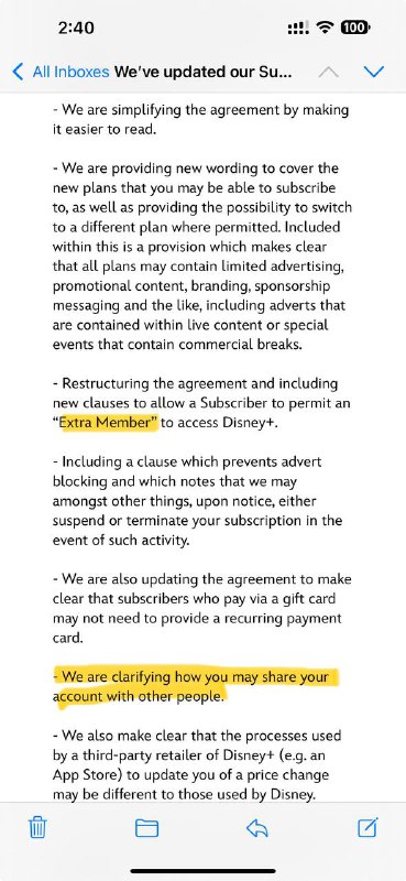 今天 Disney+ 在条款更新的邮件里提到了“额外成员”，“账户共享等字眼”via Eliott 𝕏🗒 标签: #Disney 📢 频道: @GodlyNews1🤖 投稿: @GodlyNewsBot