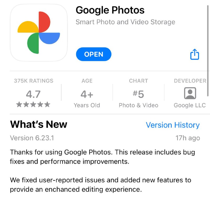 Google photos 6.23.1 修复了iOS 16.3.1下运行闪退的bug🗒 标签: #iOS #GooglePhotos📢 频道: @GodlyNews1🤖 投稿: @GodlyNewsBot
