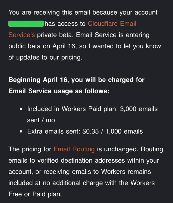 Cloudflare 即将支持发件功能，需订阅Worker Paid Plan 4月16日开启公测，订阅内包含每月可发送3000封邮件，额外邮件每1000封邮件/$0.35电子邮件路由（收件功能）定价保持不变