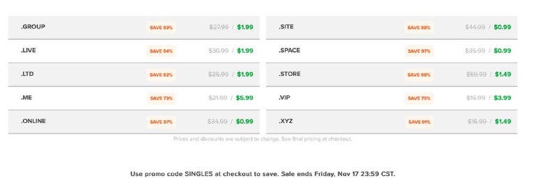 Name.com 双11优惠，顶级域名首年$0.99起，优惠码：SINGLESSale ends Friday, Nov 17 23:59 CST.