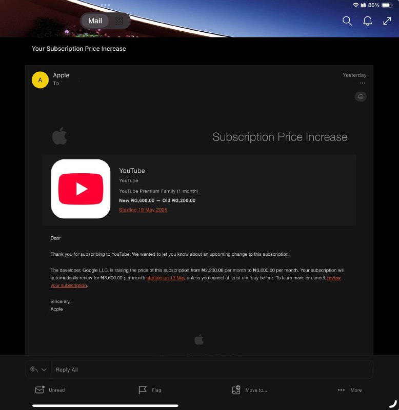 YouTube 尼日利亚区涨价，其 App Store 由原先的 NGN 2200 涨至 NGN 3600，涨幅达 63%.via Danielbility🗒 标签: #YouTube📢 频道: @GodlyNews1🤖 投稿: @GodlyNewsBot