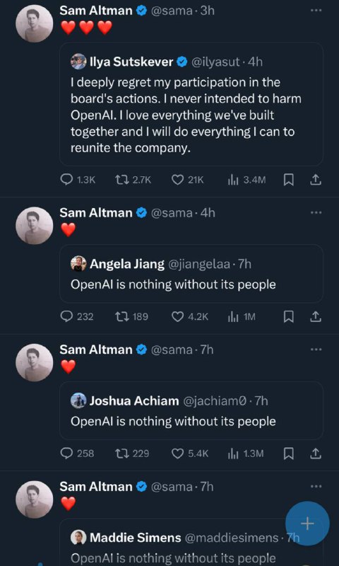 OpenAI ♥️爱心政变数百名员工在X发布了: