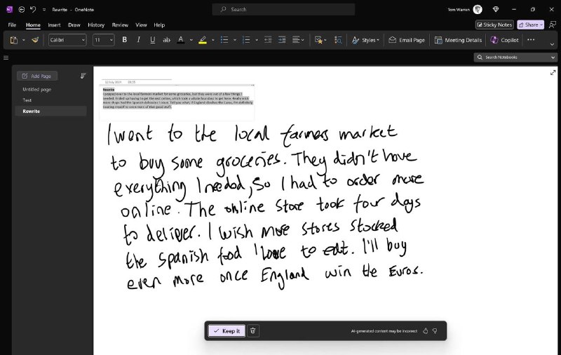 微软的 Copilot AI 现在能识别你的糟糕笔迹OneNote 可以读取和分析你的手写笔记，并且使用人工智能来改进它们