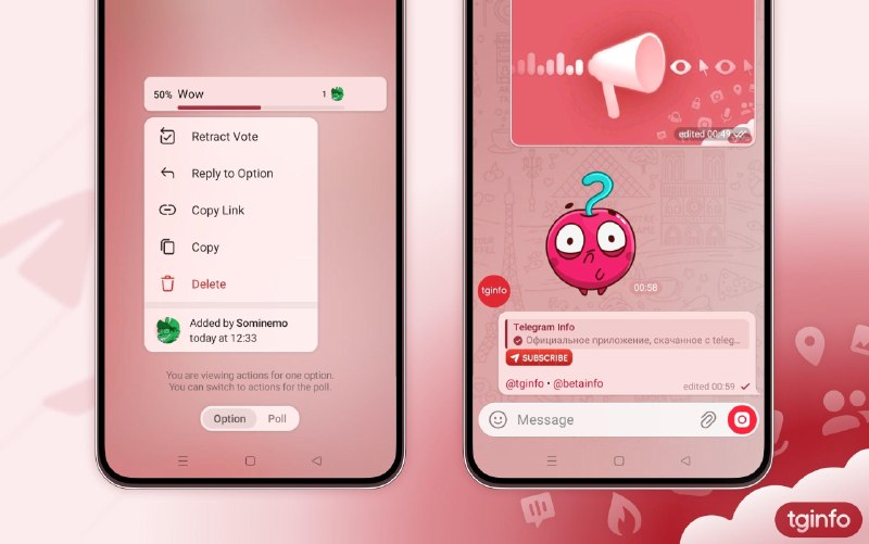 Telegram 投票功能改进和AI文本编辑器（测试中）Telegram 团队正在 Android 版 Telegram 12.6 的 Beta 版本 中测试一批 重量级新功能🗳 投票功能全面升级* 投票现在支持 结束倒计时* 选项中可以添加 图片或其他媒体* 投票选项可设为 随机顺序显示* 参与者可以自己提交新选项* 每个投票选项都有 独立链接 ，可以直接跳转* 支持对选项 回复、复制或删除 （包括用户自己添加的选项）---🤖 AI 文本编辑器 & 翻译助手* 内置 AI 助手，可用于：  * 翻译文字  * 修正语法和拼写错误  * 改写语气和风格  * 自动添加合适的表情符号* 普通用户可免费使用几次* Premium 用户拥有更高的使用额度---📸 Motion Photos（动态照片）* 支持查看和发送“动态照片”* 这类照片会保留 按下快门前后的一小段视频 ，类似实况照片的效果---🎵 个人资料里的音乐功能* 可以在个人资料中：  * 搜索自己保存过的音乐  * 直接从手机存储中上传音频  * 使用 Telegram 里已有的共享音频文件---🔔 界面提示优化* @ 提及和表情反应 的显示样式重新设计* 在聊天列表中， 可以直接看到你的投票有了新投票提醒---以上功能目前都还在 **测试阶段**，只在 Android Beta 版中可用，正式上线时细节可能还会调整