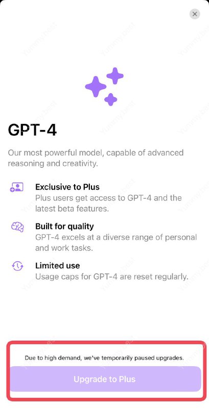 ChatGPT Plus超负荷，现在连AppStore 内购都停了，不知道Google Play停了没🗒 标签: #OpenAI #ChatGPT📢 频道: @GodlyNews1🤖 投稿: @Godlynewsbot