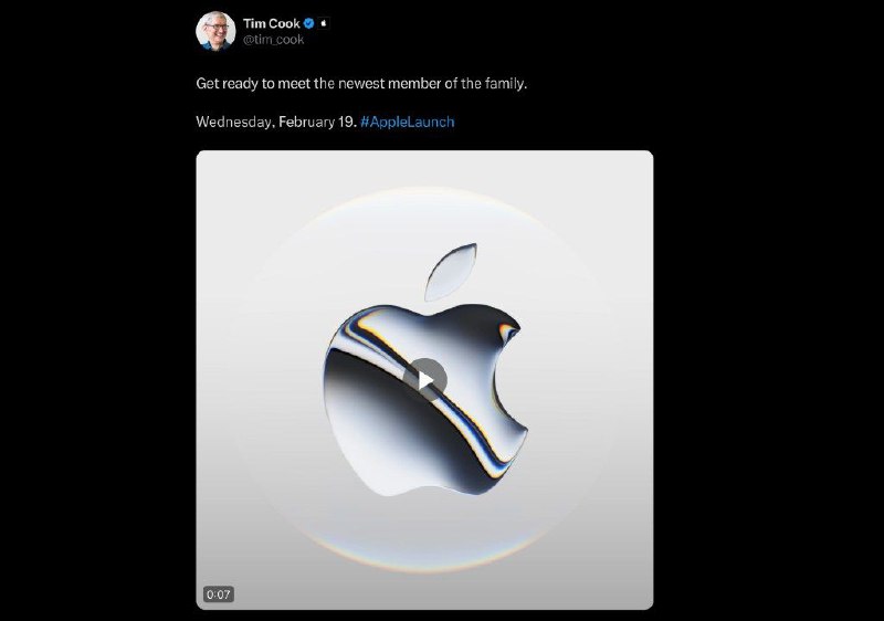 Apple 将于 2 月 19 日发布特别产品苹果公司 CEO 蒂姆・库克 (Tim Cook) 今天在 X 上预告： “准备好迎接家庭新成员吧