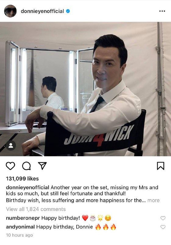 迎来58岁生日的甄子丹在 instagram po出John Wick 4片场照