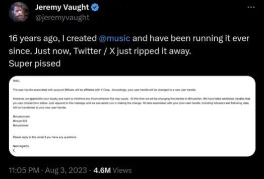Twitter 再次强制没收用户名，这次是 @music，该账号拥有超过1100万粉丝，并处于活跃状态🗒 标签: #Twitter #X📢 频道: @GodlyNews1🤖 投稿: @GodlyNewsBot