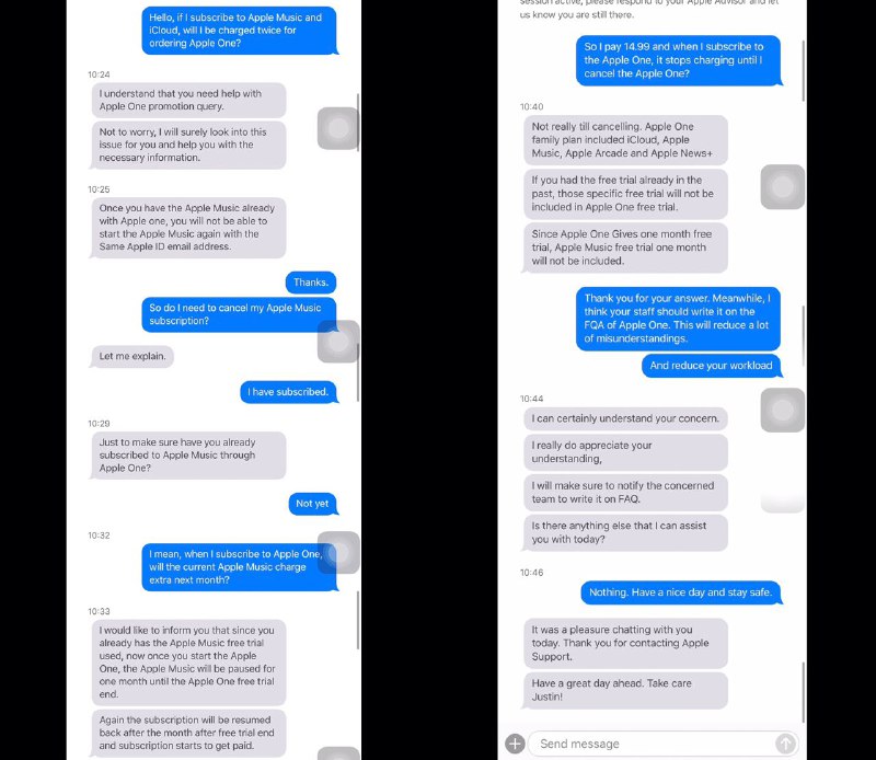 刚刚联系了美区客服，他和我解释道:如果你已经订阅了，如Apple Music的服务.但是又想订阅Apple One.那么你大可不必在意重复扣款. 在您订阅了Apple One以后，其他服务将会冻结收费周期直至你取消了Apple One.同时建议了让美区客服写在官网的FAQ上.这样能让更多人避免踩坑.后续: 刚刚我自己也开通了，发现已订阅的服务后面写着This subscription will be included in Apple One starting Dec 1, 2020. You will not be charged for both subscriptions.