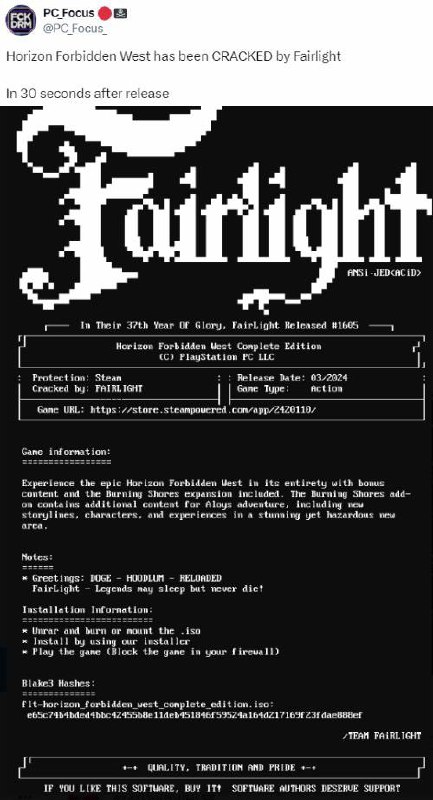 《西之绝境》PC版上线后被迅速破解：仅用时30秒！据PC_Focus的消息，索尼旗下第一方游戏《地平线：西之绝境》一经移植到PC平台，立即在短短30秒内被破解