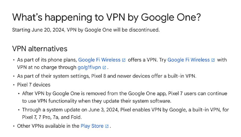 Google 正式确认，Google One VPN 将于6月20日关闭服务替代方案：1️⃣ Google Fi wireless服务提供 VPN
