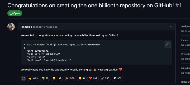 GitHub 的第十亿个仓库，其命名为Shit💩仓库所有者 Jonathan Hoyt 是一位在 GitHub 工作了十多年的员工