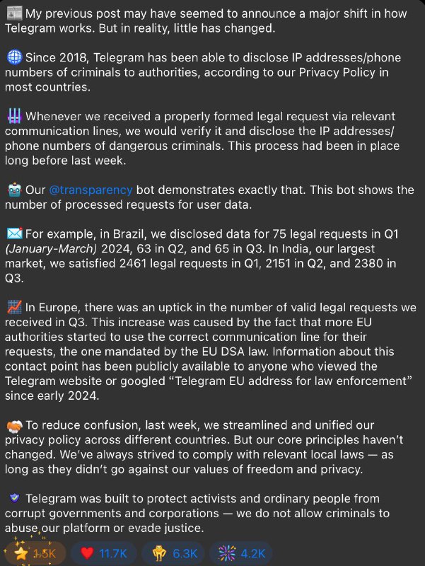 Telegram CEO 杜罗夫重申：我们的核心原则没有改变