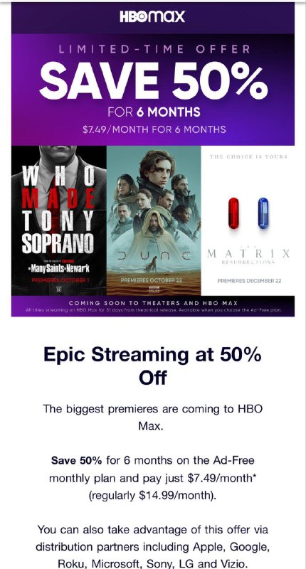 美区HBO Max也迎来50% Off，合计$44.94 可获6个月的无广告计划