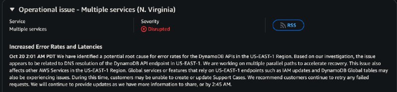 AWS 已找出故障原因：与DynamoDB API 端点的 DNS 解析有关此问题还影响 US-EAST-1 区域的其他 AWS 服务