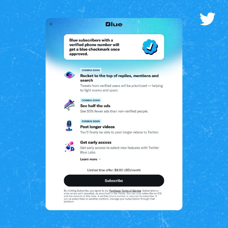 Twitter Blue 将在周一重新上线，iOS内购需加价通过网页购买的订阅费用为每月8美元，通过iOS应用商店购买的订阅费用为每月11美元，以弥补苹果从应用内购买中收取的高达30%的佣金