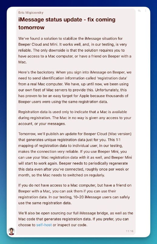 Beeper称将于明天修复iMessage 通讯功能我们已经找到了一个解决方案来稳定Beeper Cloud和Mini的iMessage情况